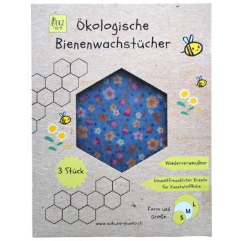 Preview: Bienenwachstücher 3er-Set - Frische Lebensmittel, nachhaltig & wiederverwendbar - Runde Form, blaues Blumendesign, 33/25/20cm – Umweltfreundlich