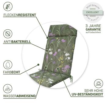 Preview: 2er-Set Luxuriöse Hochlehner-Auflage, Gartenstuhlkissen wasserabweisend, Blumenmuster grün, 120 x 50 cm, weich & komfortabel für optimale Entspannung