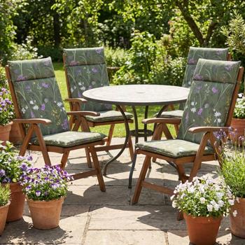 Preview: Set de 4 Coussins de Luxe Madison® eco-fabrics - Chaises Haut Dossier Hydrofuges Motif Floral Vert - 120x50cm - UV Protection
