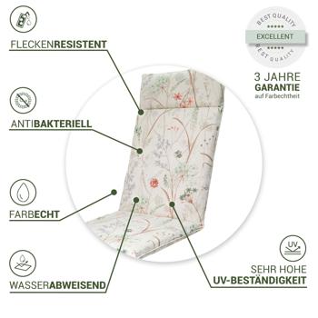 Preview: Luxuriöse Hochlehner-Auflage, Gartenstuhlkissen wasserabweisend, Blumenmuster weiss, 120 x 50 cm, weich & komfortabel für optimale Entspannung