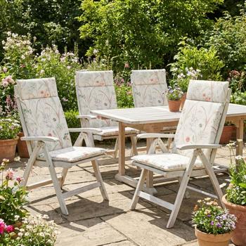 Preview: Coussins de chaise de jardin à hauts dossiers - Hydrofuges motif floral blanc - 4 pièces Madison® 120x50cm recyclé résistant UV