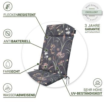 Preview: Luxuriöse Hochlehner-Auflage, Gartenstuhlkissen wasserabweisend, Blumenmuster anthrazit, 120 x 50 cm, weich & komfortabel für optimale Entspannung