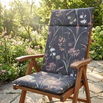 Preview: Coussin chaise de jardin haut dossier - Hydrofuge, résistant UV, motif floral anthracite - 120x50x7cm, Madison eco-fabrics coton/polyester recyclé