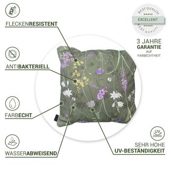 Preview: 2er-Set Bequemes Deko-Kissen Outdoor, Blumenmuster grün, 50 x 50 x 10 cm, wetterfest, wasserabweisend & stilvoll für Garten, Terrasse & Balkon