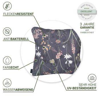 Preview: 4er-Set Bequemes Deko-Kissen Outdoor, Blumenmuster anthrazit, 50 x 50 x 10 cm, wetterfest, wasserabweisend & stilvoll für Garten, Terrasse & Balkon