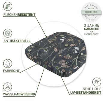 Preview: Bequemes Stuhlkissen Outdoor, Blumenmuster anthrazit, 48 x 48 cm, wetterfestes & wasserabweisend Sitzkissen, stilvoll für Garten, Terrasse & Balkon
