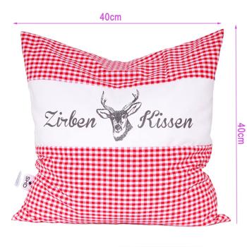 Preview: Swiss stone pine pillow Vichy red 40 x 40 cm, filled with 450 g natural Swiss stone pine shavings, 100% organic cotton cover, aromatherapy sleep pillow from Germany