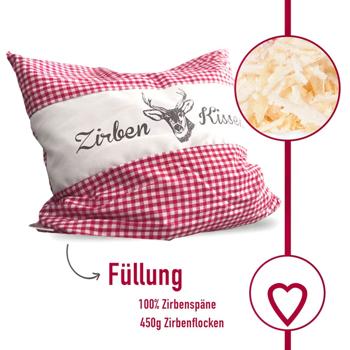 Preview: 2er-Set Zirbenkissen Vichy Rot 40x40 cm, gefüllt mit 450g Natur Zirbenspäne, 100% Bio-Baumwolle Bezug, Aromatherapie Schlafkissen aus Deutschland