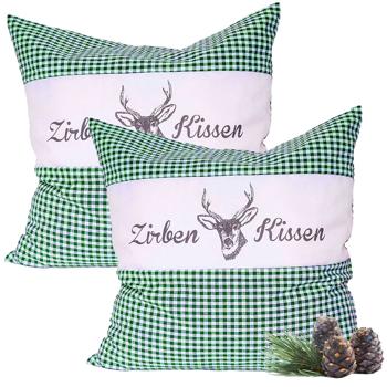 Set da 2 cuscini al cirmolo Vichy verde 30 x 30 cm, riempiti con 350 g di trucioli di cirmolo naturale, fodera in cotone biologico 100%, cuscino per aromaterapia e sonno prodotto in Germania