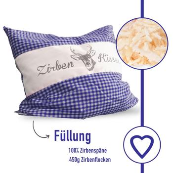 Preview: Zirbenkissen Vichy Blau 40x40 cm, gefüllt mit 450g Natur Zirbenspäne, 100% Bio-Baumwolle Bezug, Aromatherapie Schlafkissen aus Deutschland