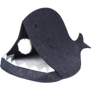 Cat lounge made of felt and fabric, in a shark design, with pom-pom, 60 x 40 x 38 cm, black