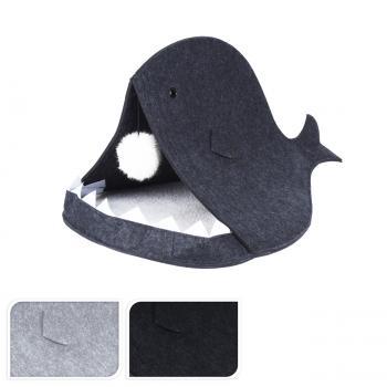 Preview: Cat lounge made of felt and fabric, in a shark design, with pom-pom, 60 x 40 x 38 cm, black