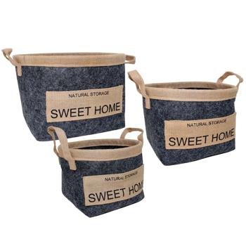 3 round baskets, 3 sizes, wool felt, jute, metal, gray, brown, black