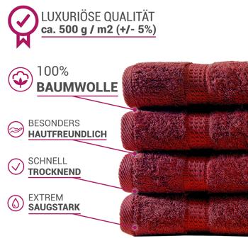 Preview: Luxuriöses Badetuch 100x150 cm - 100% Baumwolle - kuschelweich, saugstark & schnelltrocknend - Elegantes Design mit 2 Bordüren in Bordeaux