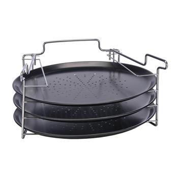 Preview: 4-piece pizza baking sheet set: 3 pans & oven stand (31 x 15.8 cm) - Bake 3 pizzas at once, crispy & evenly - perfect results