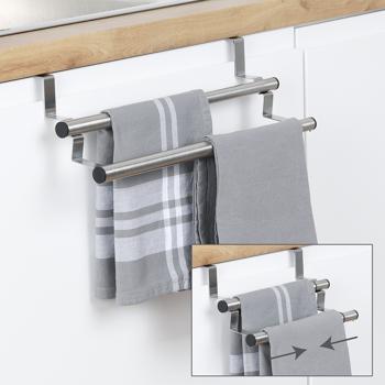 Preview: Handtuchhalter Edelstahl ausziehbar 25-40 cm - An Schranktüren ohne Bohren - Kratzschutz - 2 Stangen für Geschirr-, Hand- & Gästetücher - Küche/Bad