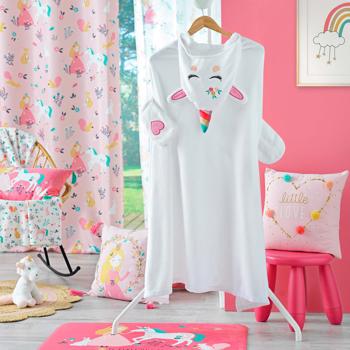 Preview: Kinder Einhorn Bademantel aus Flanell - Kuschelweich mit Kapuze im Einhorn-Design & Handschützern - 100% Polyester - 100x120 cm - Waschbar