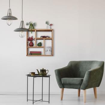 Preview: Walnut wall shelf for hanging – Modern floating shelf for decor & books – 50 x 50 x 15 cm – Easy installation – Stylish storage with compartments
