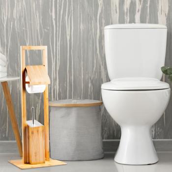 Preview: Moderne Bambus WC-Garnitur - Toilettenpapierhalter mit Klobürstenständer - Kein Bohren - Hygienisch, feuchtigkeitsresistent - 82x36x21cm