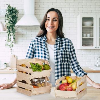 Preview: Caisses de stockage en bois empilables, set de 3, 20x27,5x38cm chacune - Idéal pour les légumes, les fruits &amp plus - Caisses de stockage robustes pour les provisions