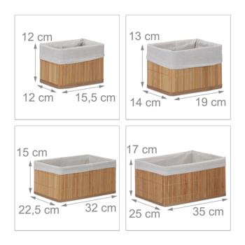 Preview: Set de 6 paniers de rangement en bambou – 4 tailles – doublure en tissu, naturel – empilables avec poignées – idéal pour salon, salle de bain, chambre d’enfant