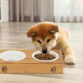 Preview: Doppelter Futternapf mit Bambusständer - 2 Keramik-Näpfe - Erhöhte Futterstation, ergonomisch & hygienisch für Hunde & Katzen - 5,5x29,5x14cm