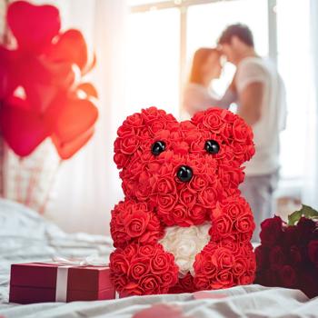 Preview: Rose bear with artificial plastic blossoms, rose teddy with gift box, 28 cm