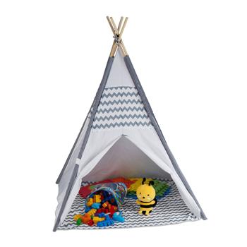 Adventurous children‘s play tent, teepee design, gray-white, 150x120x120cm - Cozy tent made of polyester & wood for boys & girls