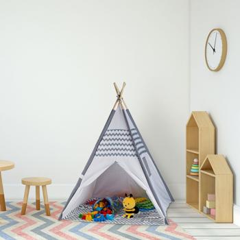 Preview: Adventurous children‘s play tent, teepee design, gray-white, 150x120x120cm - Cozy tent made of polyester & wood for boys & girls
