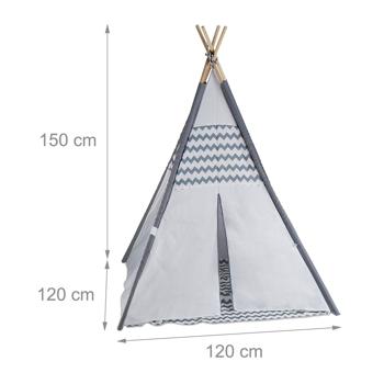 Preview: Adventurous children‘s play tent, teepee design, gray-white, 150x120x120cm - Cozy tent made of polyester & wood for boys & girls