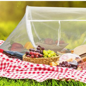 Preview: Set of 2 food covers with base – effective insect protection for food – pop‑up design, white – polyester covers 40x110x58 cm – ideal for garden parties