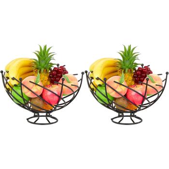 set of 2 iron fruit baskets, fruit bowls in decorative shape, black, each 20.5 x 33.5 cm