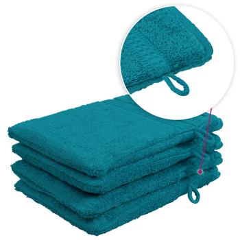 Preview: Lot de 4 gants de toilette 100% coton, bleu pétrole, lavettes en éponge avec boucle de suspension