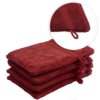 Preview: Lot de 4 gants de toilette 100% coton, bordeaux, lavettes en éponge avec boucle de suspension