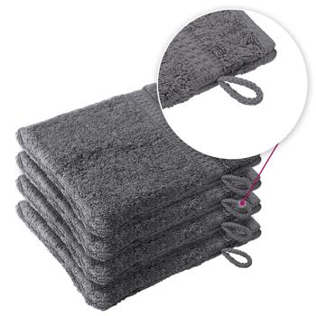 Preview: Lot de 4 gants de toilette 100% coton, anthracite, lavettes en éponge avec boucle de suspension