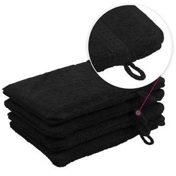 Preview: Lot de 4 gants de toilette 100% coton, noirs, lavettes en éponge avec boucle de suspension