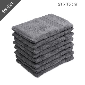 Preview: 8er-Set Waschhandschuhe Frottee anthrazit - 100% Baumwolle, 500 g/m², 21x16 cm - Flauschig weich, saugstark, 60° waschbar - Mit Schlaufe
