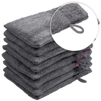 Preview: Lot de 8 gants de toilette 100% coton, anthracite, lavettes en éponge avec boucle de suspension