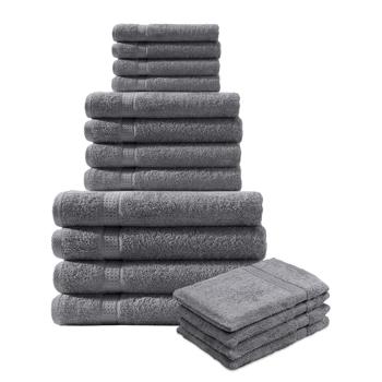 Ensemble de serviettes éponge 16 pièces anthracite – 4 invités, 4 serviettes, 4 draps de douche, 4 gants de toilette – 100% coton – absorbant & lavable à 60 °C