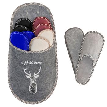 Preview: Gästefinken-Set 5 Paar Hausschuhe Welcome Hirsch - Diverse Farben Grau/Beige/Rot/Blau/Schwarz - Grössen 37-45 - Wiederverwendbar & Platzsparend
