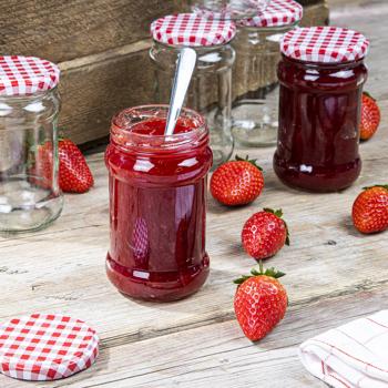 Preview: 6er-Set Einmachgläser mit Schraubdeckel, Sturzgläser mit Karo-Muster, je 315 ml