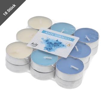 Preview: 18er-Set Duft Teelichter Anti Tabak - Geruchsentfernung für Wohnräume - 6x Blau, 6x Hellblau, 6x Beige Duftkerzen für gemütliche Abende