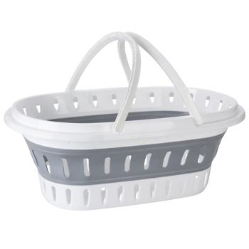 Preview: Platzsparender Falt-Wäschekorb, weiss-grau – Stabiler Kunststoff, Lochstruktur & Tragegriffe – Praktischer Wäschekorb für Zuhause