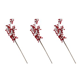 set of 3 artificial flower berry branch polyester, PE, wire, red and natural, ca 66 cm