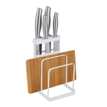 Schneidebrettständer und Messerhalter aus Metall - Weiss, 21,5x12x14cm - Küchen-Organizer mit 3 Messerschlitzen & Platz für Topfdeckel/Teller