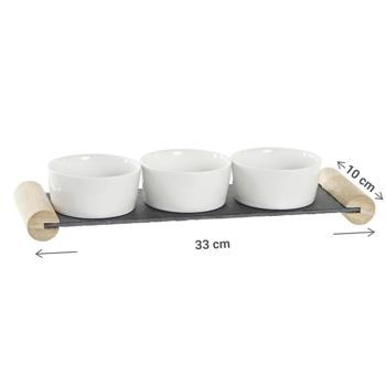 Preview: Tapas Set Holz-Keramik-Schiefer - 3 Saucenschälchen auf Servierbrett mit Holzfüssen - Vorspeisenteller für Apéro, Frühstück & Partys - Robust, leicht zu reinigen