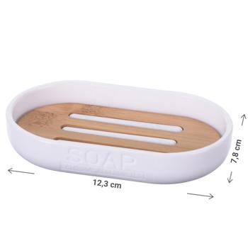 Preview: Seifenschale aus Bambus & Kunststoff - Ovale Seifenablage für Bad & WC - Modernes Design weiss/braun - 12,3x7,8x2,5cm - mit 