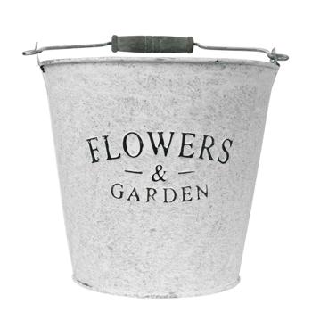 Preview: Seau en zinc avec inscription Flowers and Garden – seau décoratif avec anse pour plantes et rangement – métal galvanisé, 16.5 x 15 x 16.5 cm – shabby chic