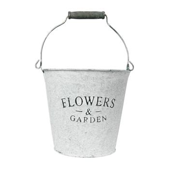 Seau en zinc avec inscription Flowers and Garden – seau décoratif avec anse pour plantes et rangement – métal galvanisé, 16.5 x 15 x 16.5 cm – shabby chic