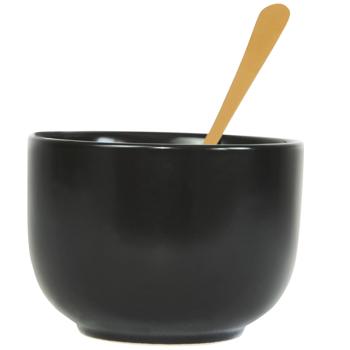 Preview: Tapas Schale aus Keramik - Schwarz/Gold Design mit 2 Löffelchen - Ø 8x5,5cm - Hält Speisen länger warm - Ideal für Snacks & Suppen